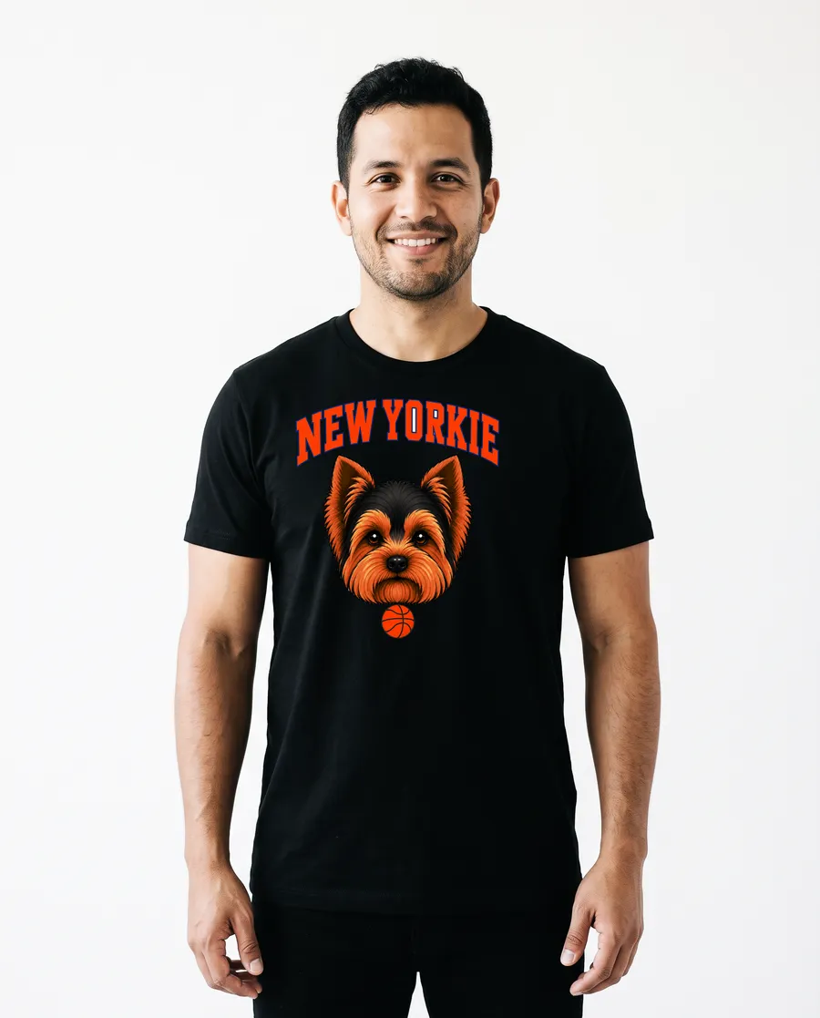 The New Yorkie Tee worn by a model, photo 1